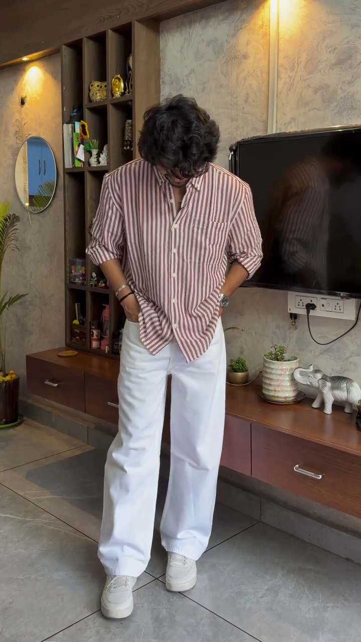 “Rust Stripe Relaxed Shirt 🤎🔥 | Men’s Effortless Casual Fit”