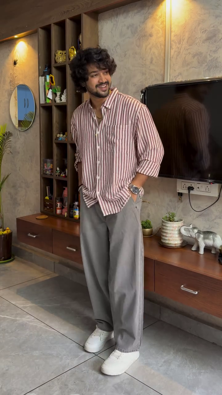 “Rust Stripe Relaxed Shirt 🤎🔥 | Men’s Effortless Casual Fit”