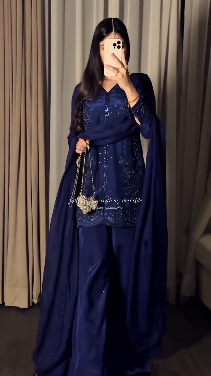 “Midnight Blue Embroidered Suit 💙🌙 | Elegant Desi Luxe Set”