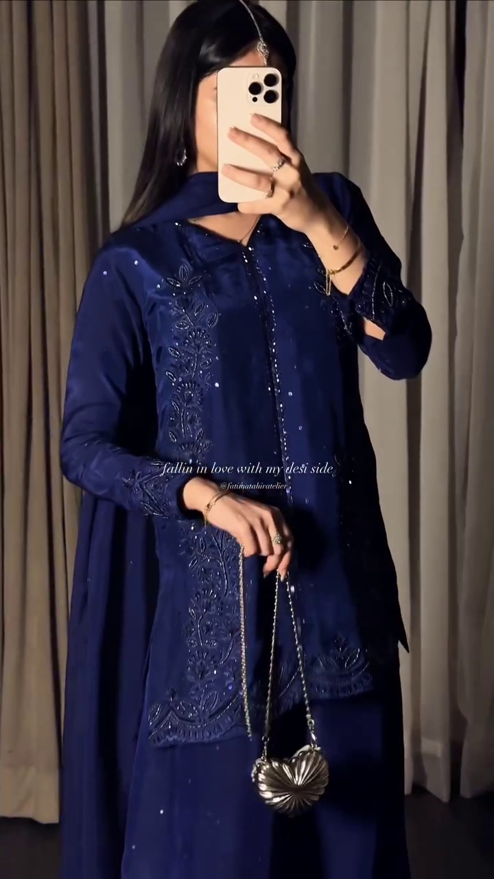 “Midnight Blue Embroidered Suit 💙🌙 | Elegant Desi Luxe Set”