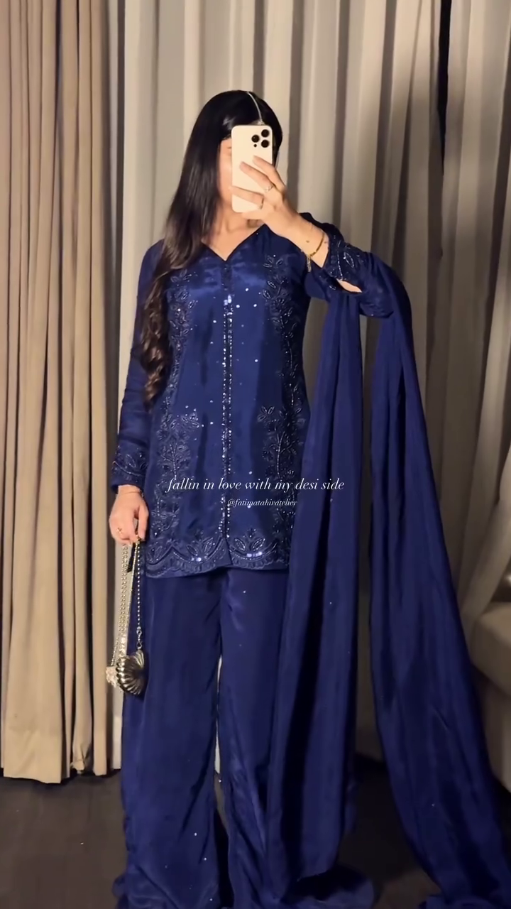 “Midnight Blue Embroidered Suit 💙🌙 | Elegant Desi Luxe Set”
