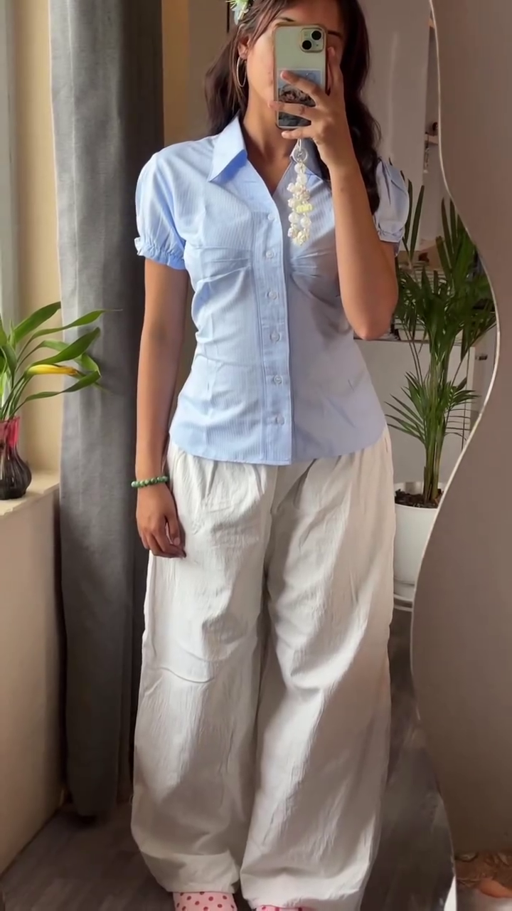 “Powder Blue Puff Sleeve Shirt & Wide-Leg Pants Set 🌿 | Soft Minimal Chic Co-Ord”