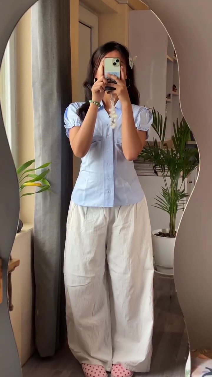 “Powder Blue Puff Sleeve Shirt & Wide-Leg Pants Set 🌿 | Soft Minimal Chic Co-Ord”
